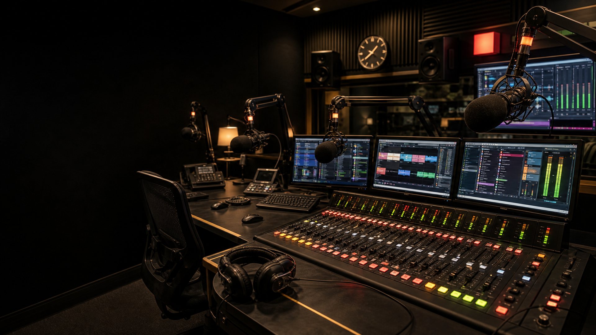 Platinum Radio radio booth met mixer, schermen en broadcast microfoons